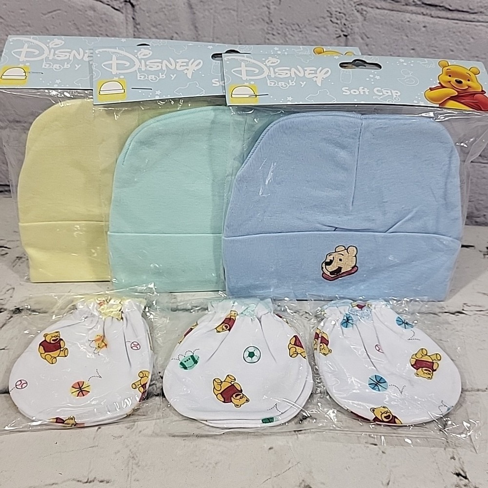 Disney Baby Winnie The Pooh Infant Soft Cap Hats Mittens Lot‎ Blue Green Yellow